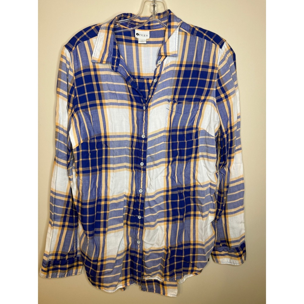 Stylus Womens Blue Orange Plaid Button Down Shirt Long Sleeve Cotton Modal Large